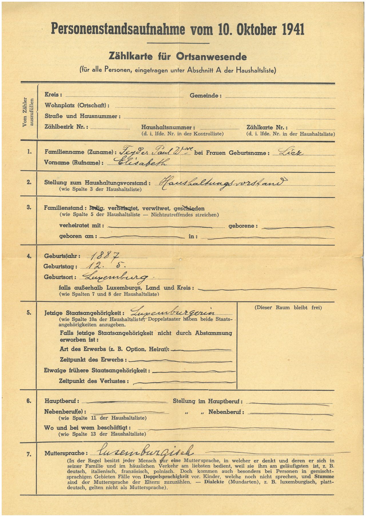 Scan d’une fiche officielle du recensement du 10 octobre 1941 avec des annotations manuscrites.